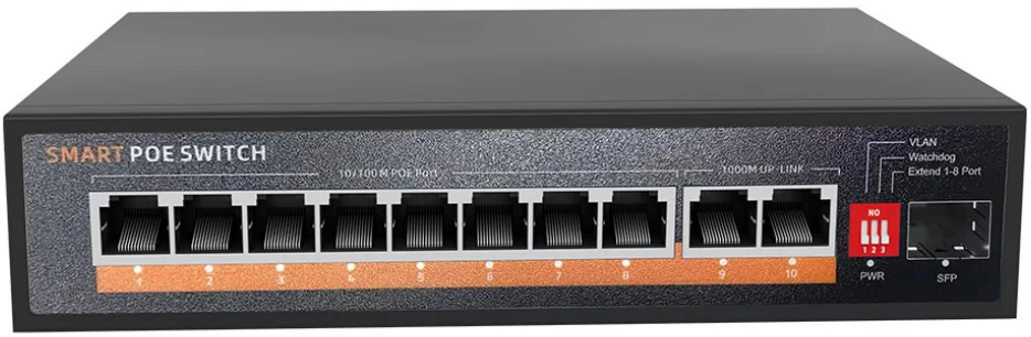 8-port PoE switch, gigabit uplink